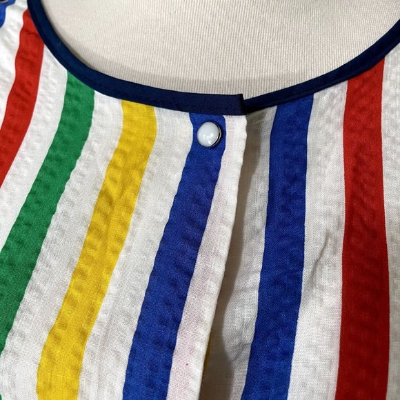 70s Vintage Village Inn Fashions Rainbow Striped Seersucker Midi House Dress XL - Picture 2 of 5